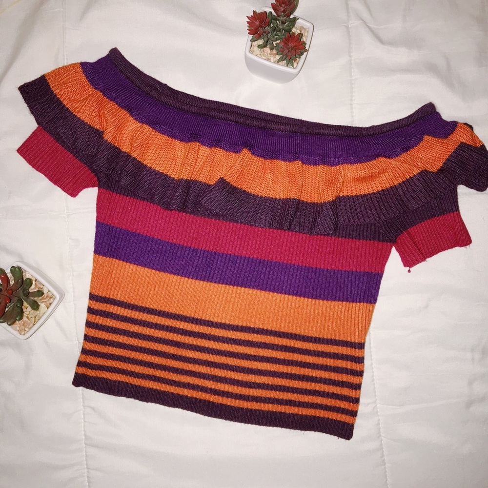 Striped Off-The-Shoulder Ruffle crop Top